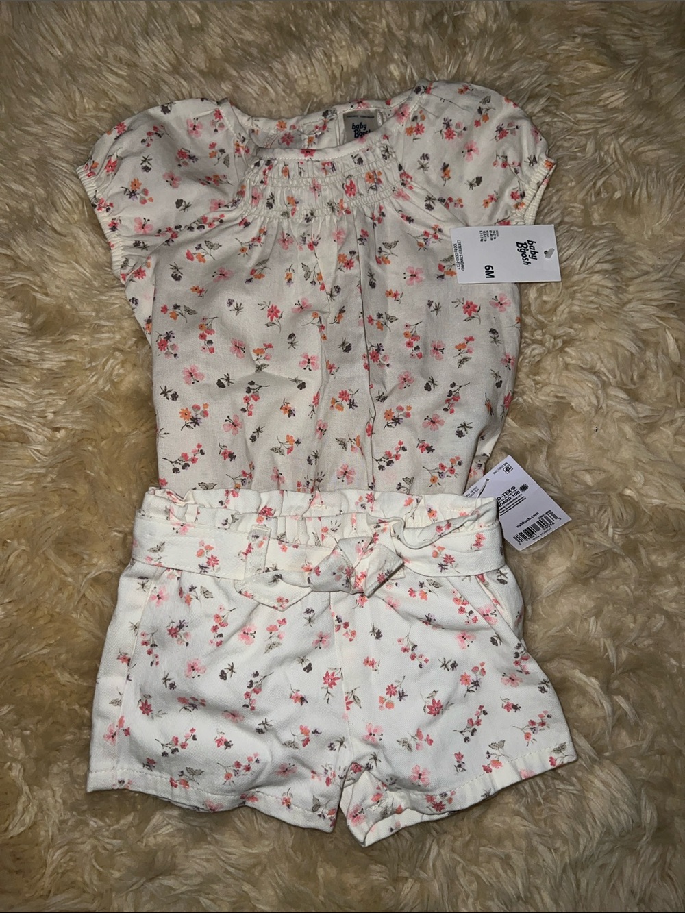 100% Cotton Floral Puff-Sleeve Baby One-Piece Bodysuit and Shorts